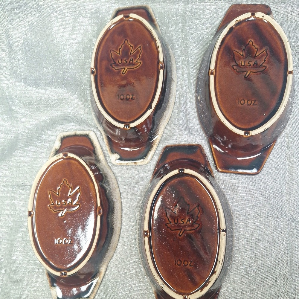 4 Western Stoneware Maple Leaf USA Brown 10 oz Au Gratin Casserole Dish Vintage - Picture 3 of 6
